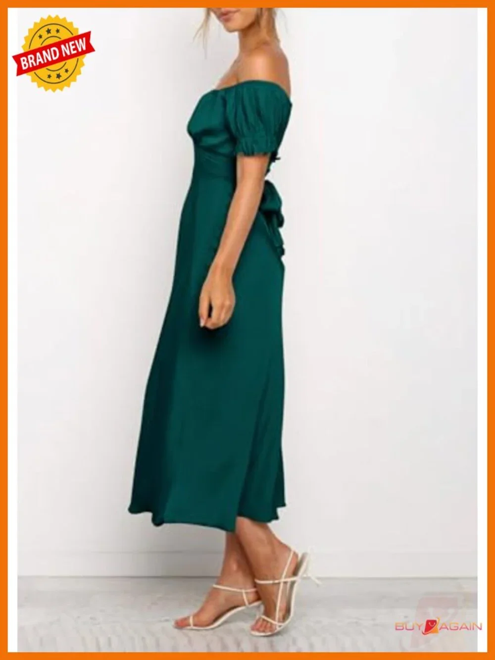 Satin Off Shoulder Midi Dress Puff Sleeve Mermaid Hem Wedding Guest Cocktail